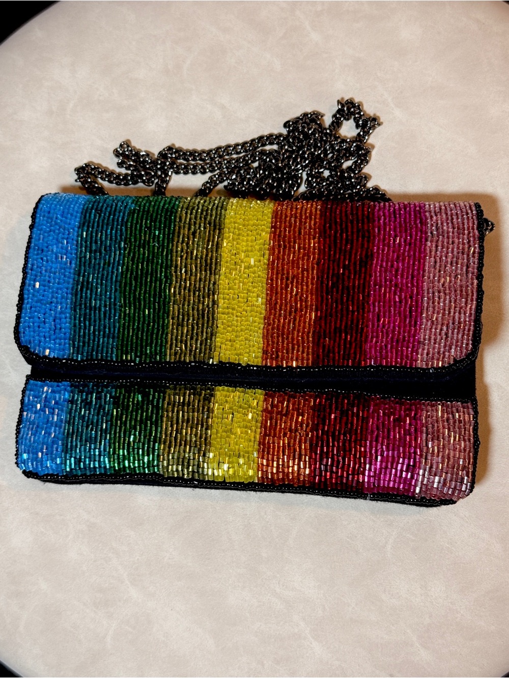 Multicolor Beaded Envelope Crossbody Clutch with Chain Strap